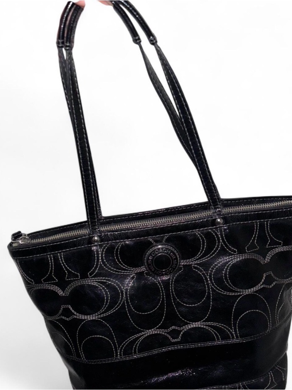 Coach Black Signature Shoulder Tote with Contrast Stitching
